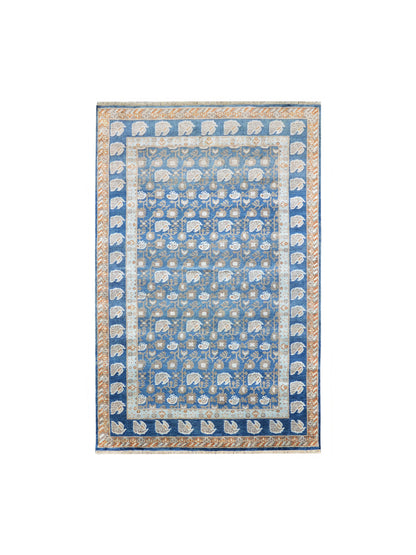 Blue and Ivory Pure Silk Handknotted Area Rug 5.11x8.10ft 180x269Cms