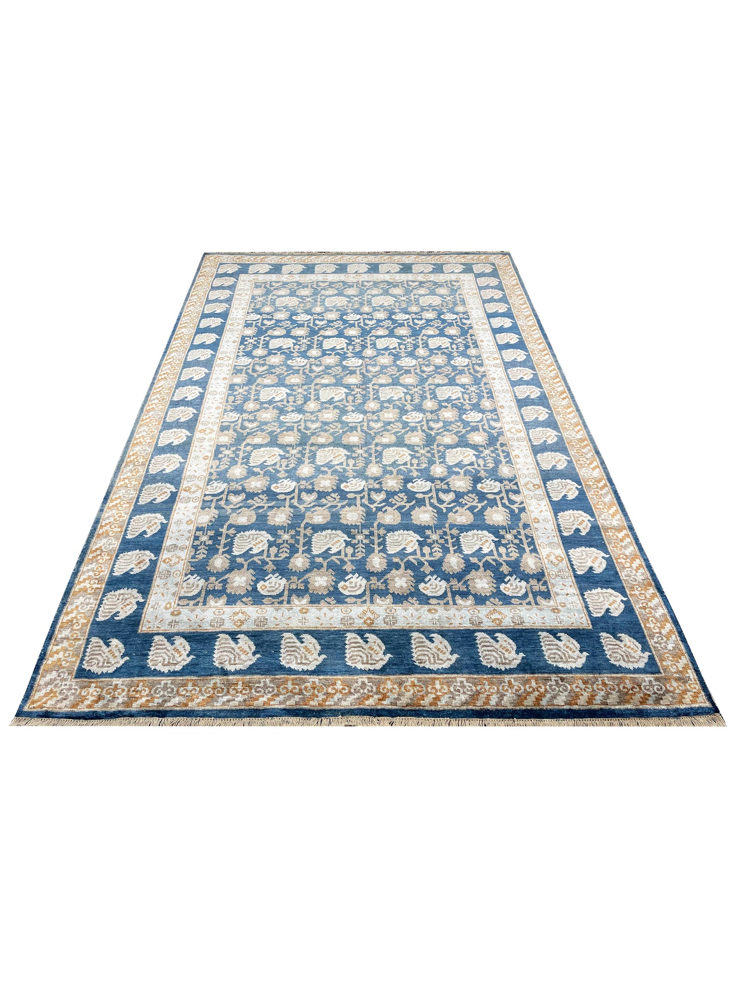 Blue and Ivory Pure Silk Handknotted Area Rug 5.11x8.10ft 180x269Cms