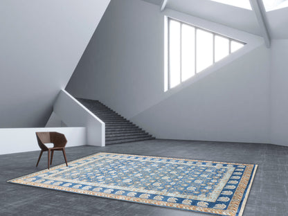 Blue and Ivory Pure Silk Handknotted Area Rug 5.11x8.10ft 180x269Cms