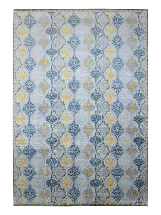 Wazeer Blue and Grey Pure Silk Transitional Damask Handknotted Area Rug