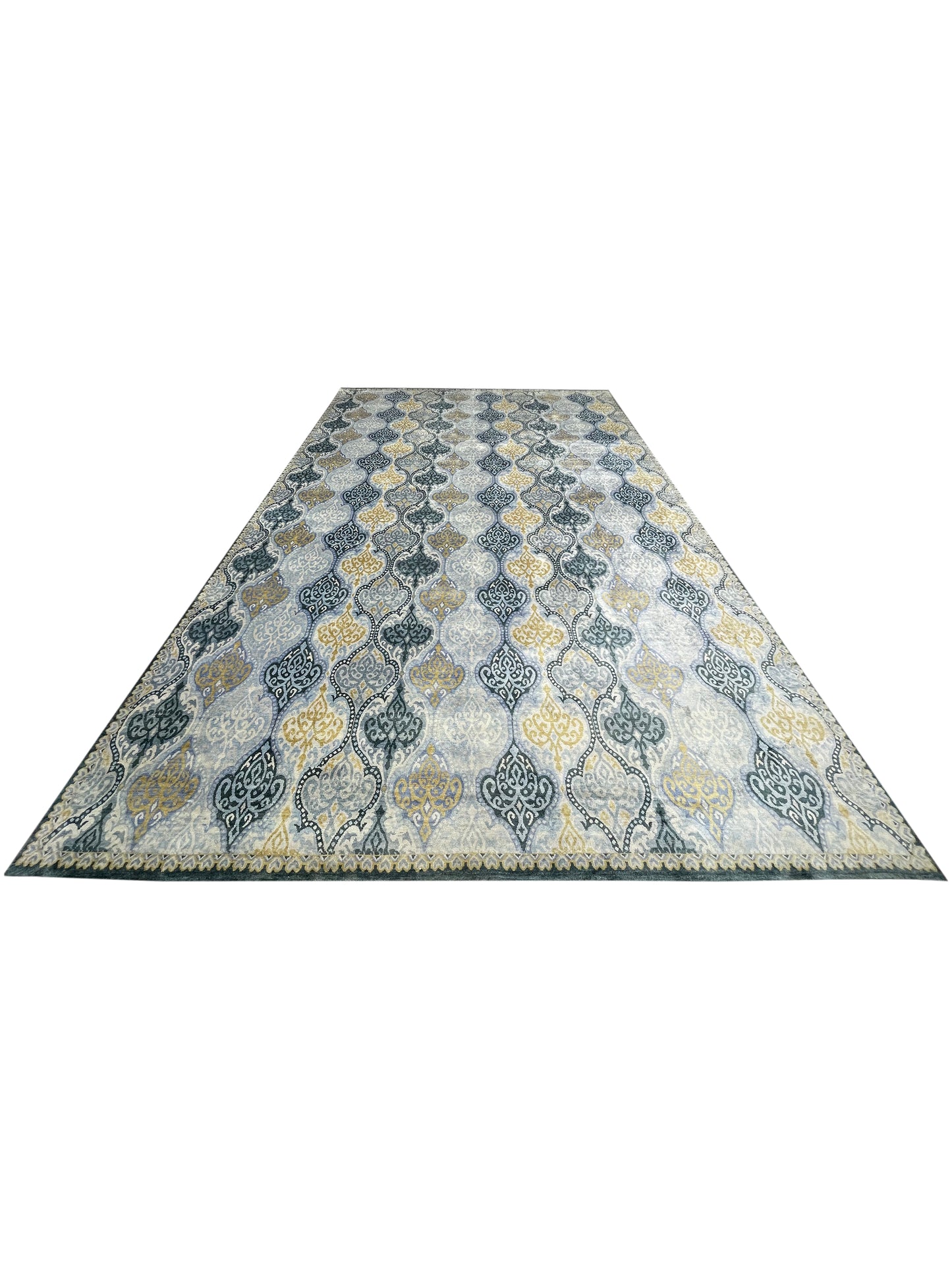 Wazeer Blue and Grey Pure Silk Transitional Damask Handknotted Area Rug