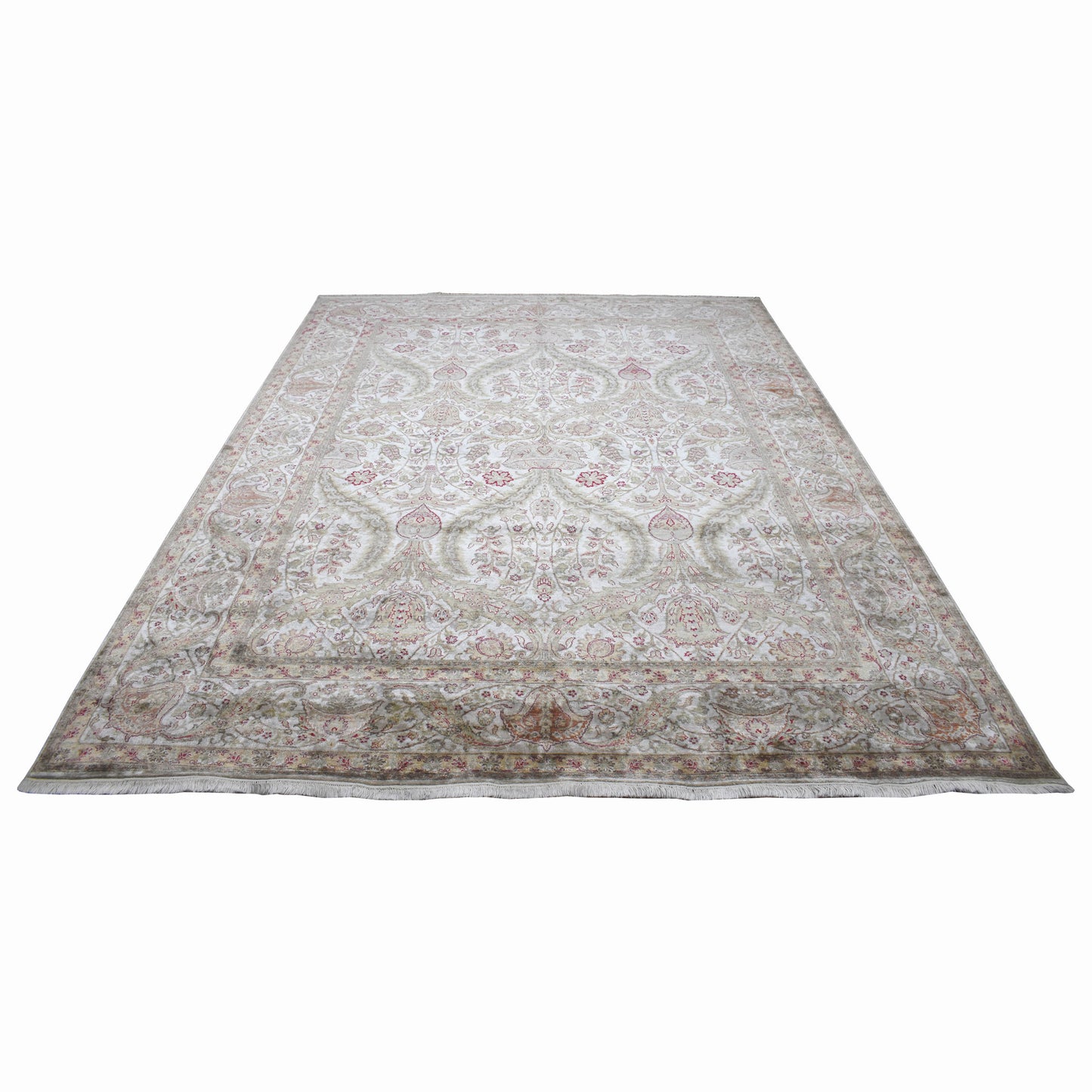 Ivory Grey, Pure Silk Transitional Handknotted 9.1x12.2Ft 277x370Cms Area Rug