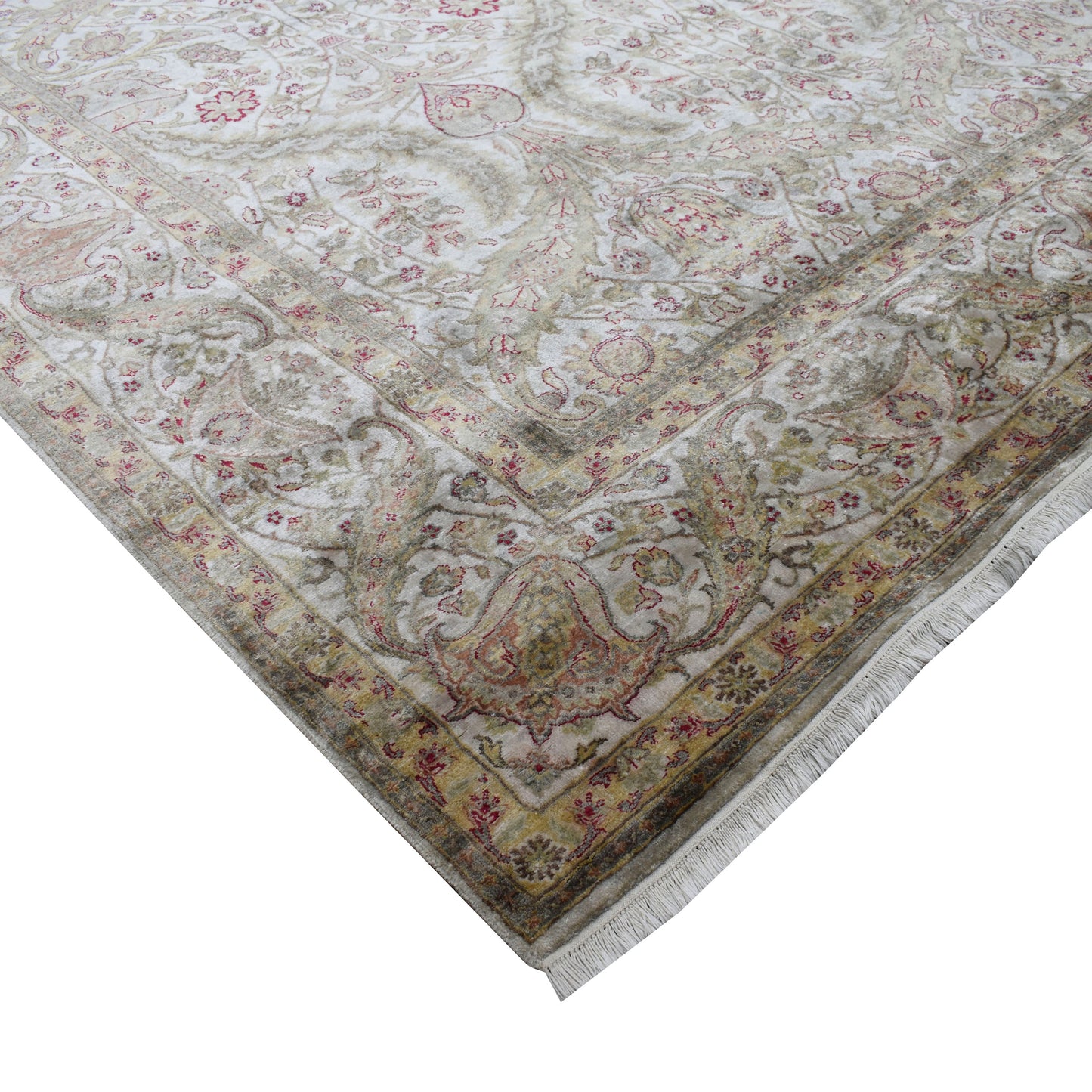 Ivory Grey, Pure Silk Transitional Handknotted 9.1x12.2Ft 277x370Cms Area Rug