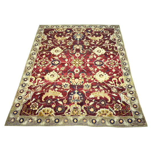 Mughal Darbar Red and Ivory Traditional Silk and Wool Handknotted 7.11x9.6Ft 242x288Cms Area Rug