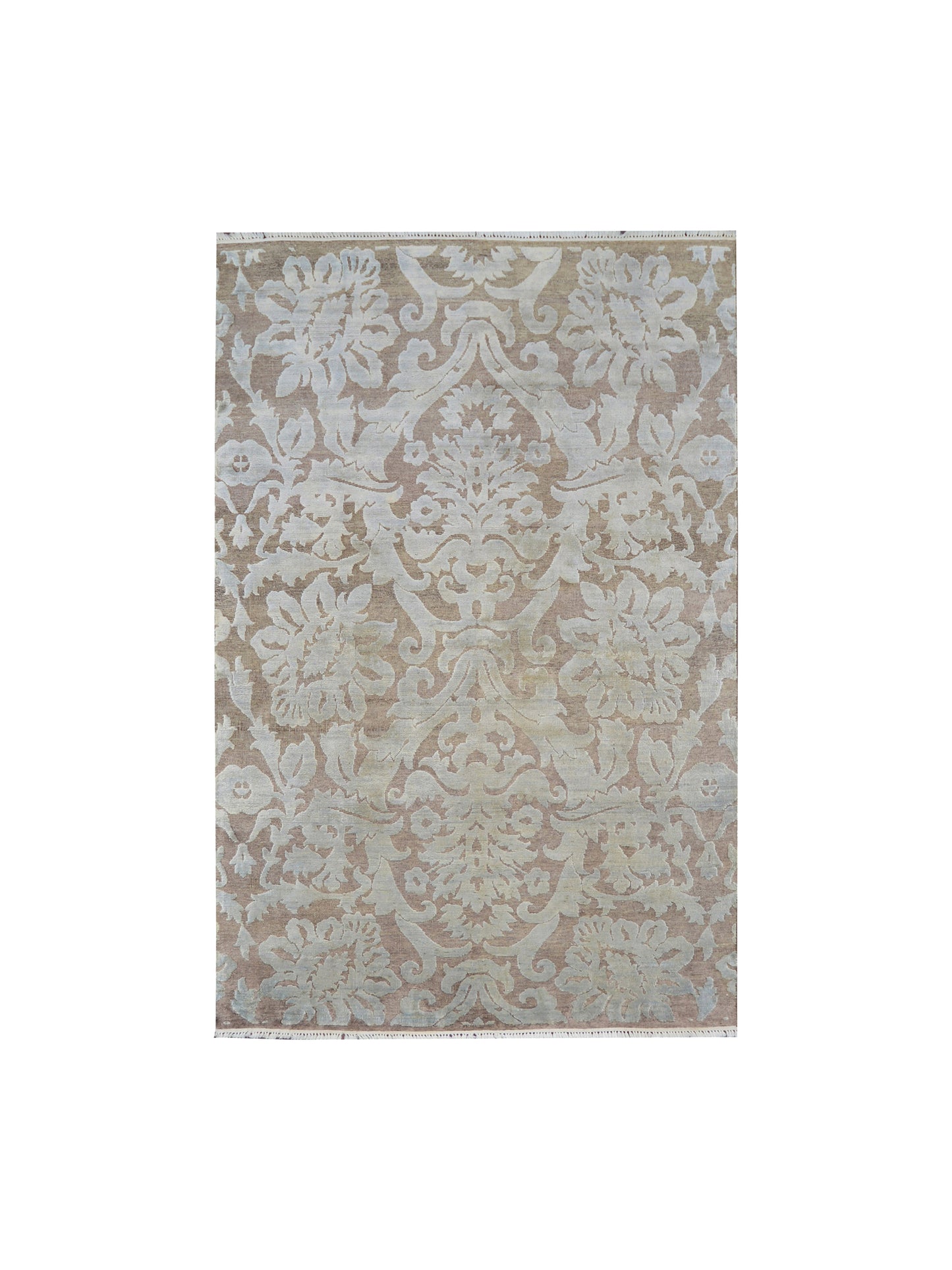 Brown and Grey, Silk and Wool Oxidized Modern Damask Handknotted 5.8x8.8Ft 171x262Cms Area Rug