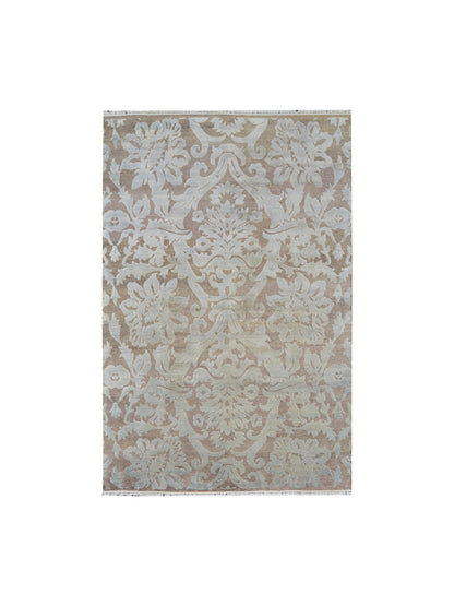 Brown and Grey, Silk and Wool Oxidized Modern Damask Handknotted 5.8x8.8Ft 171x262Cms Area Rug