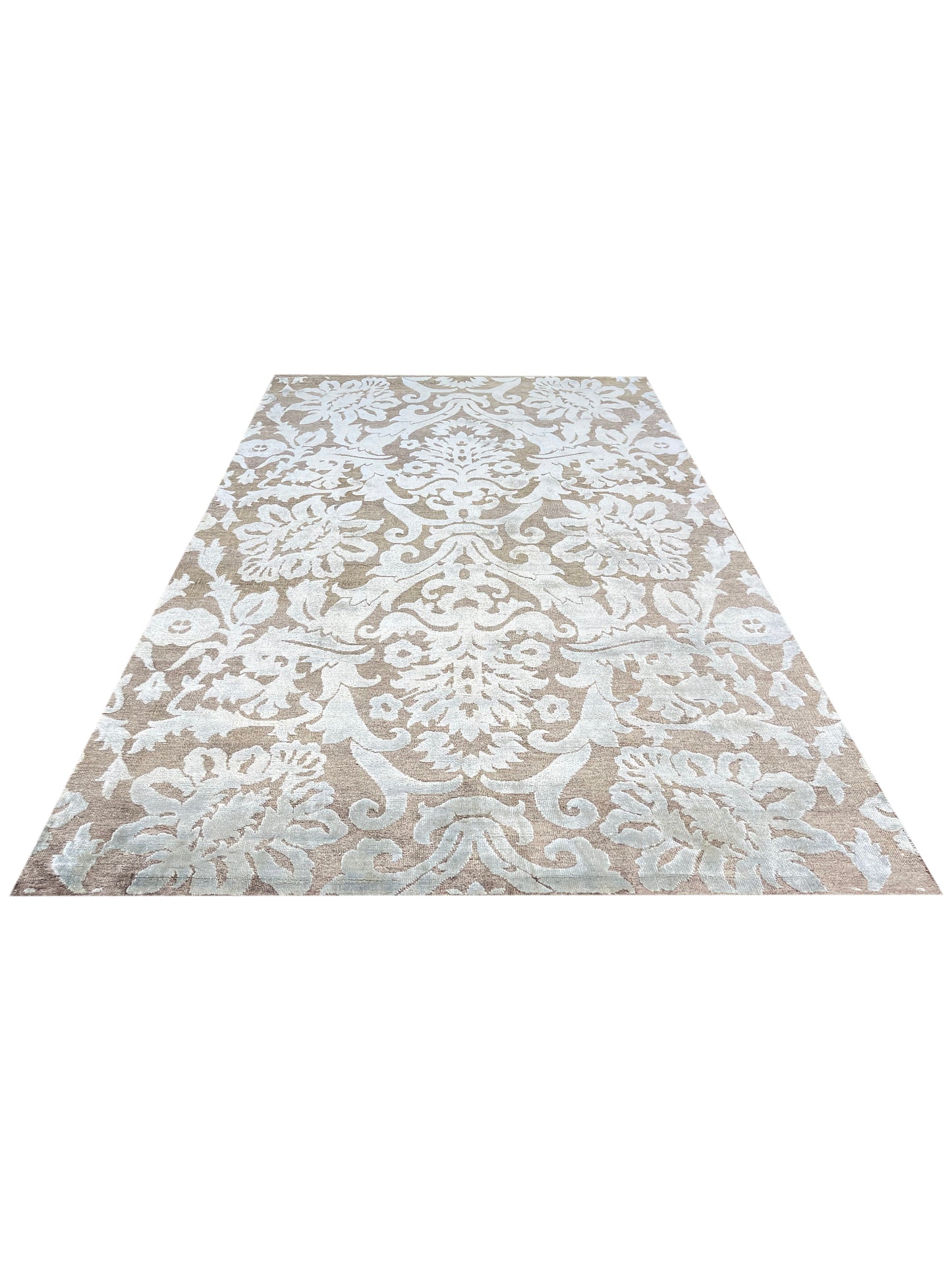 Brown and Grey, Silk and Wool Oxidized Modern Damask Handknotted 5.8x8.8Ft 171x262Cms Area Rug