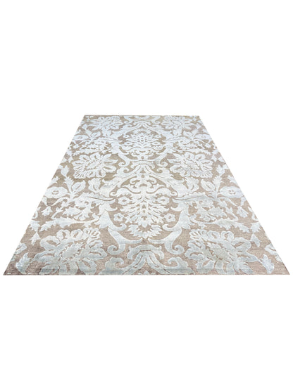 Brown and Grey, Silk and Wool Oxidized Modern Damask Handknotted 5.8x8.8Ft 171x262Cms Area Rug