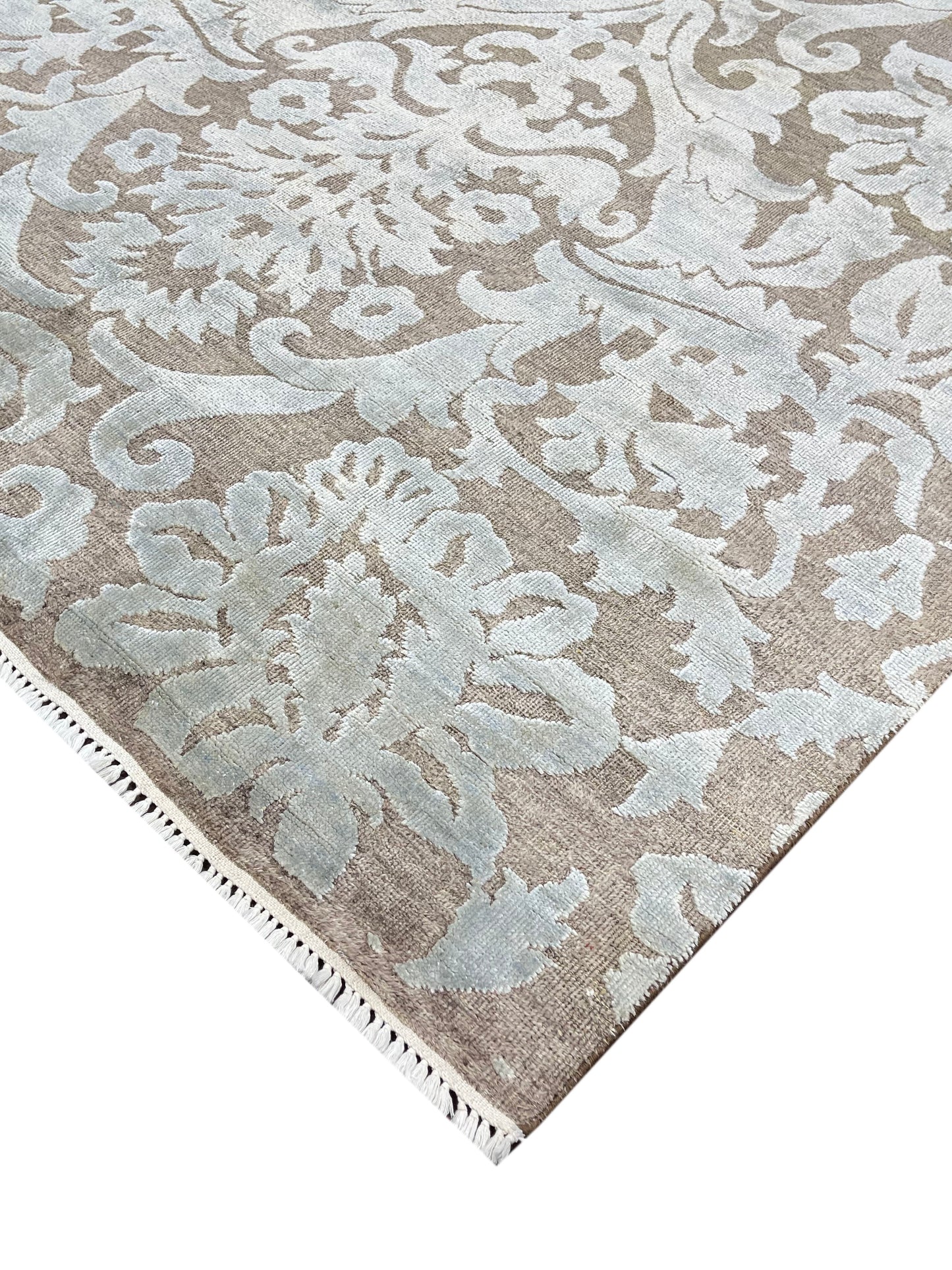 Brown and Grey, Silk and Wool Oxidized Modern Damask Handknotted 5.8x8.8Ft 171x262Cms Area Rug