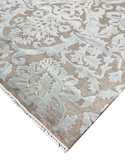 Brown and Grey, Silk and Wool Oxidized Modern Damask Handknotted 5.8x8.8Ft 171x262Cms Area Rug