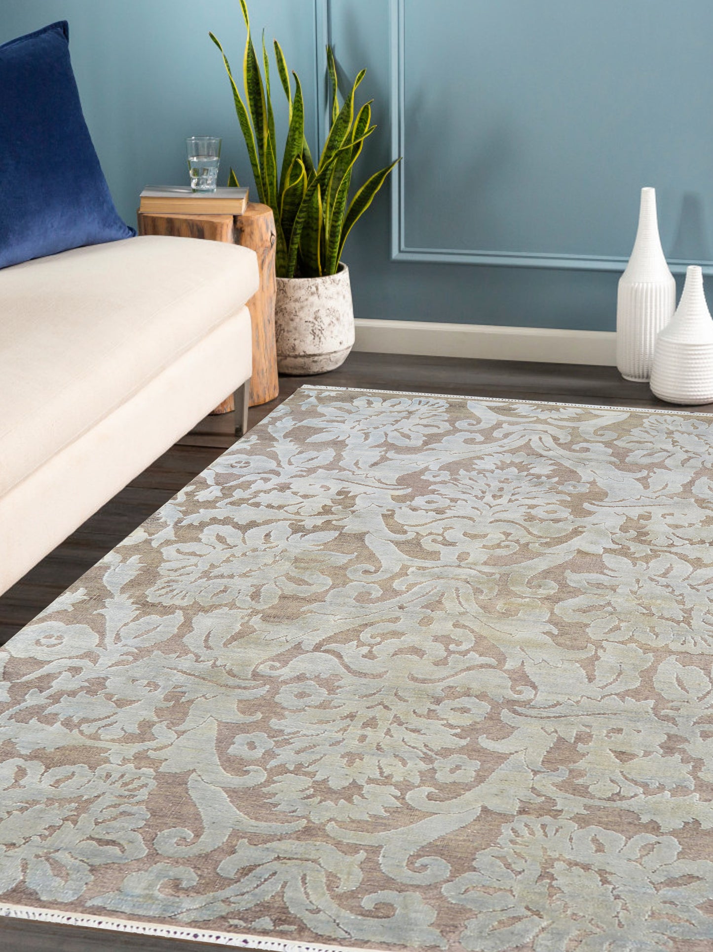 Brown and Grey, Silk and Wool Oxidized Modern Damask Handknotted 5.8x8.8Ft 171x262Cms Area Rug