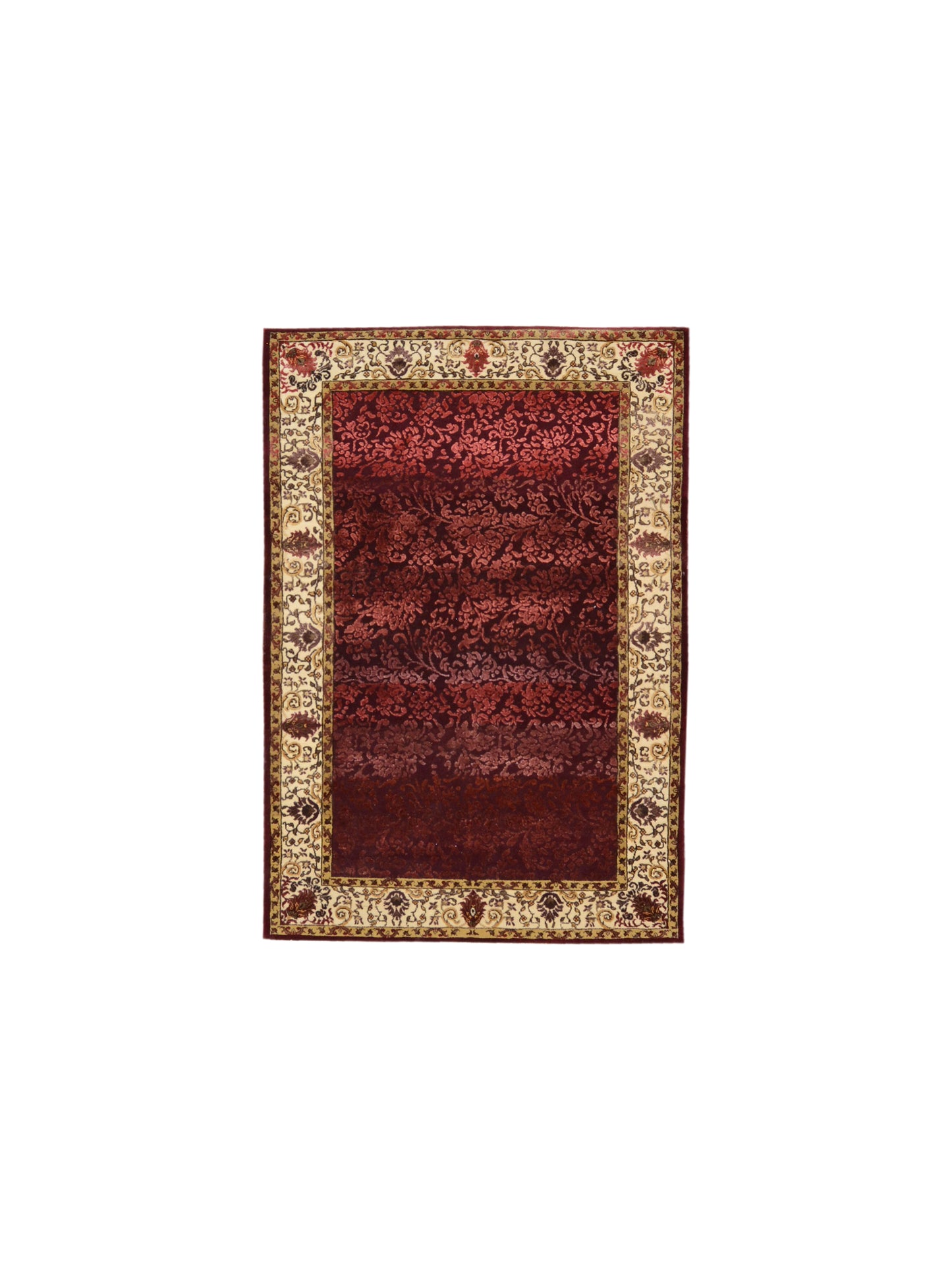 Red and Ivory Viscose and Wool Transitional Handknotted Area Rug 4.0x5.9ft 123x174Cms