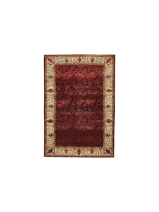 Red and Ivory Viscose and Wool Transitional Handknotted Area Rug 4.0x5.9ft 123x174Cms