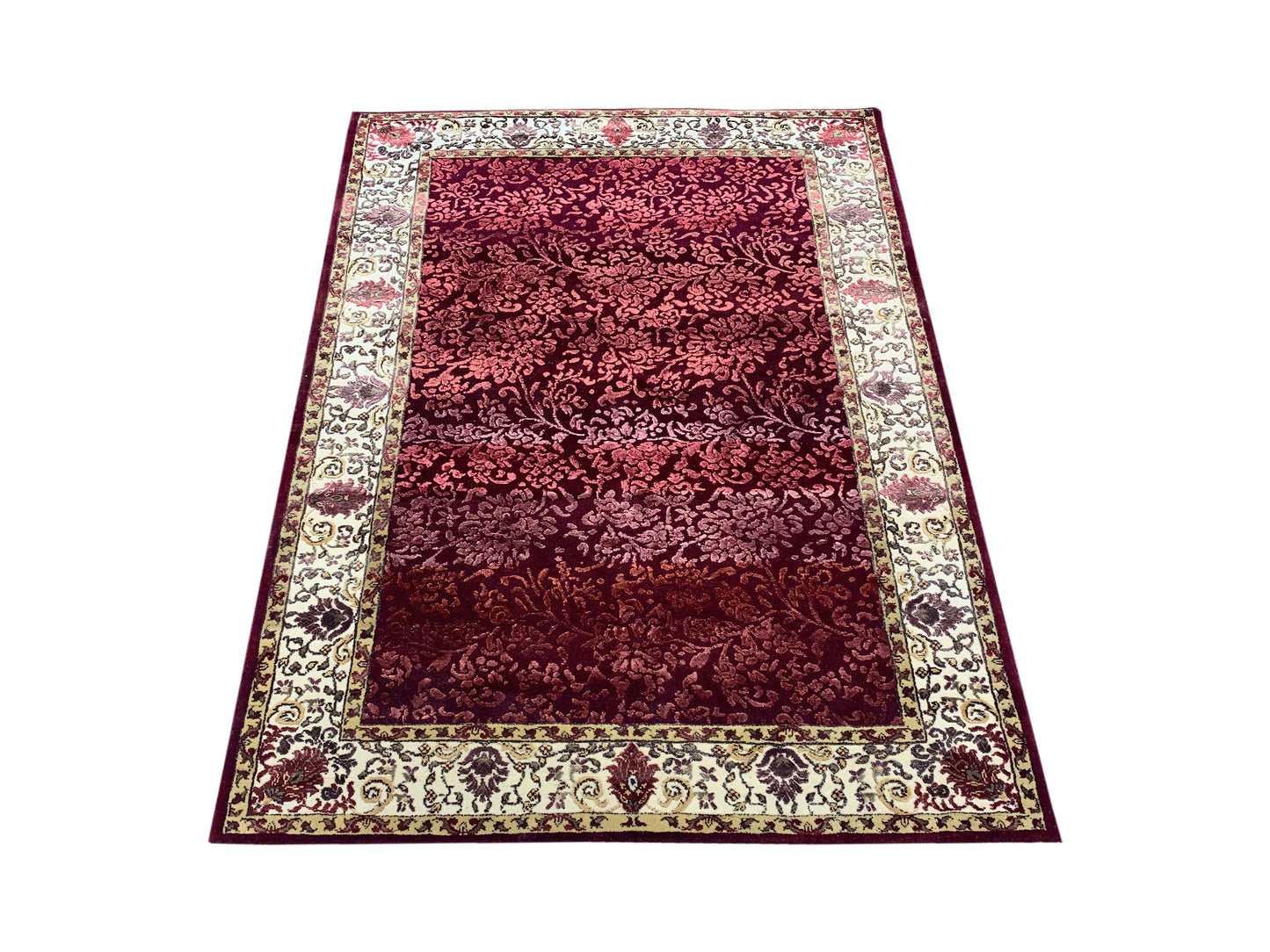 Red and Ivory Viscose and Wool Transitional Handknotted Area Rug 4.0x5.9ft 123x174Cms