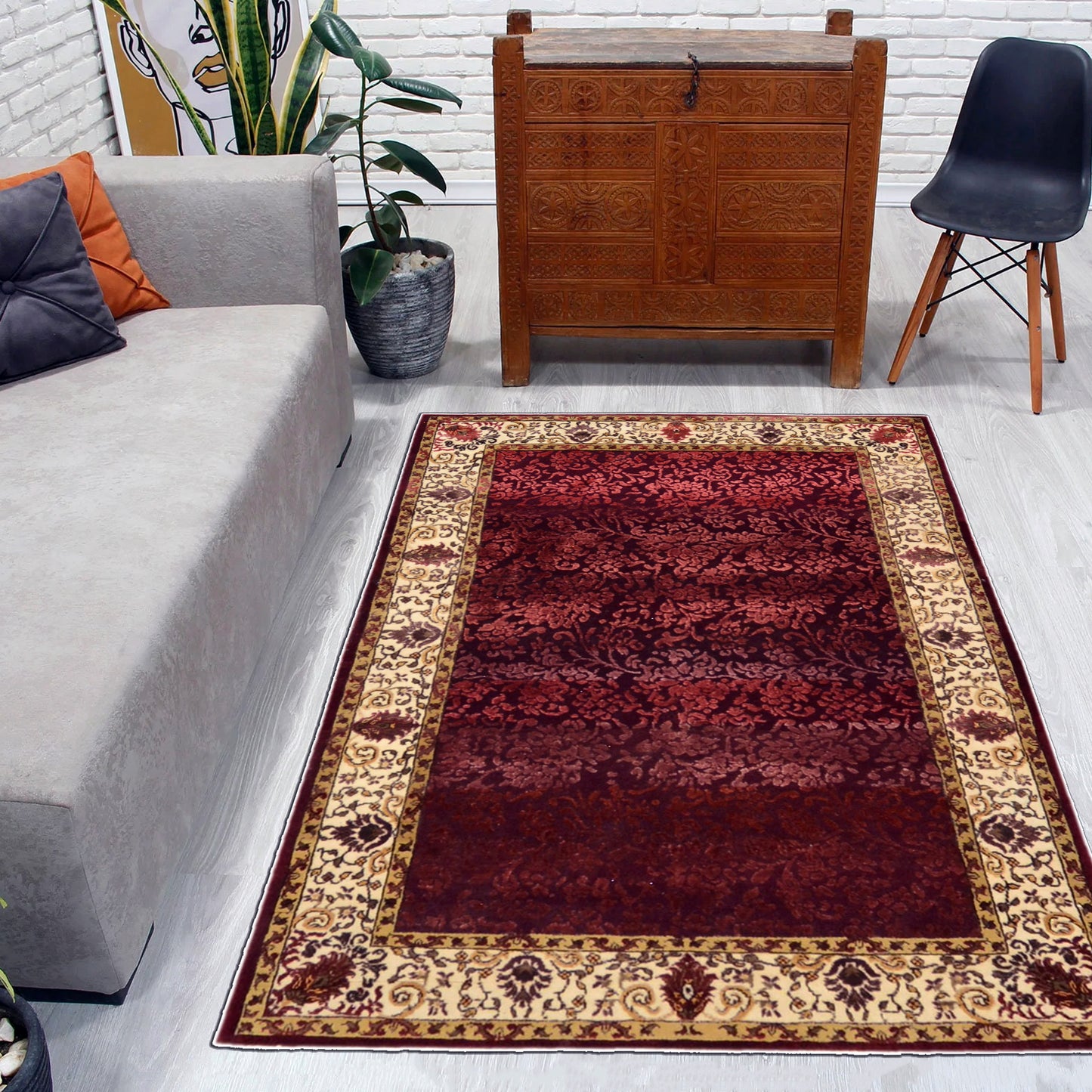 Red and Ivory Viscose and Wool Transitional Handknotted Area Rug 4.0x5.9ft 123x174Cms