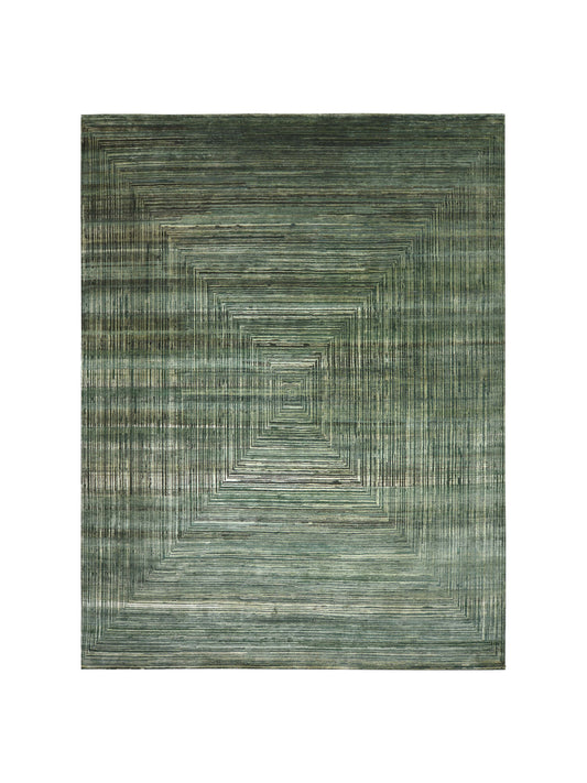 Deep Green, Silk Wool Oxidized Modern Handknotted 9.0x12.0Ft 274x365Cms Area Rug