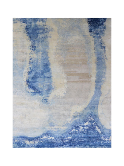 Grey and Blue, Silk Wool Modern Abstract Handknotted 8.11x11.9ft 273x358Cms Area Rug