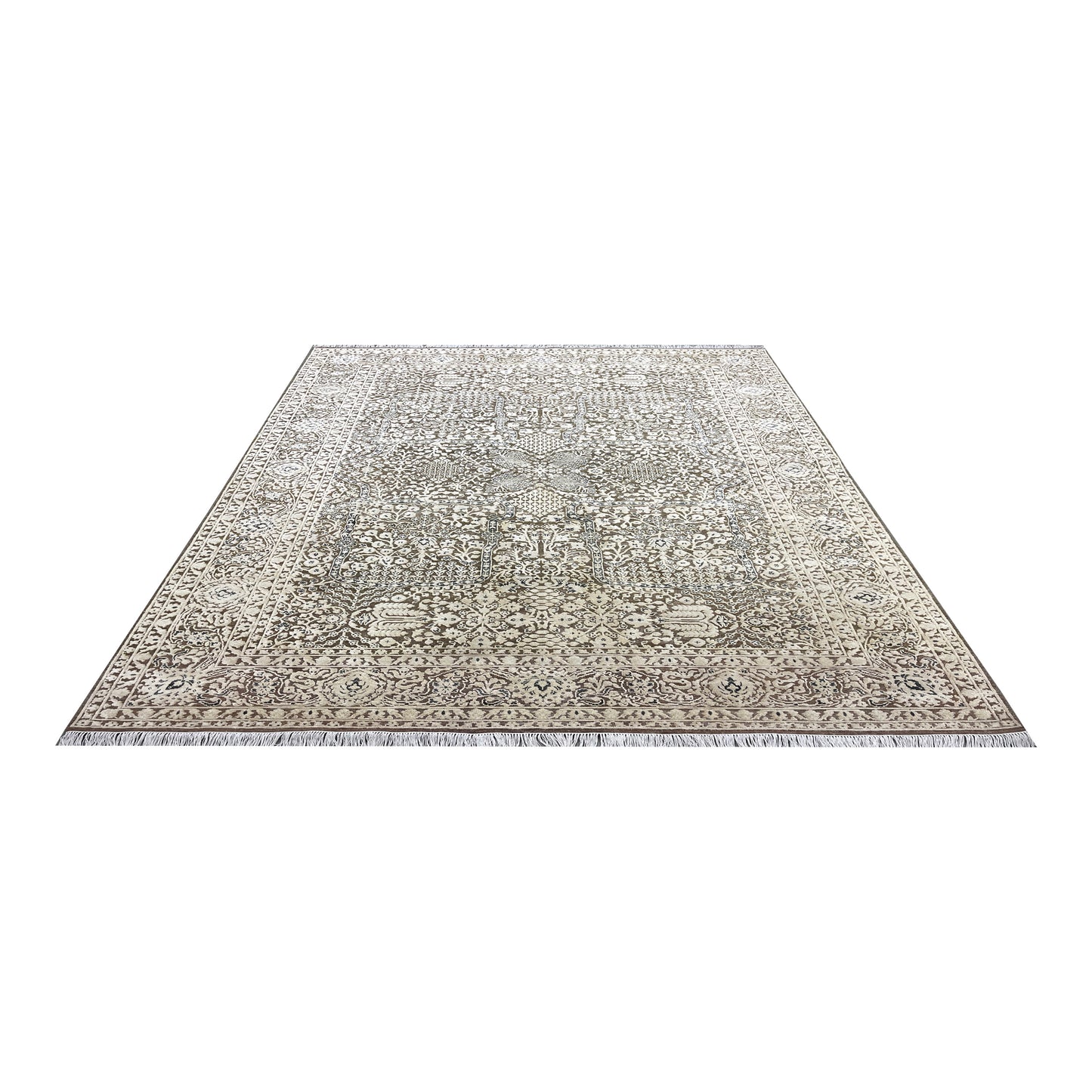 Brown and Beige Silk and Wool Persian Tabriz Traditional Handknotted 8.10x12.0ft 268x366Cms Area Rug