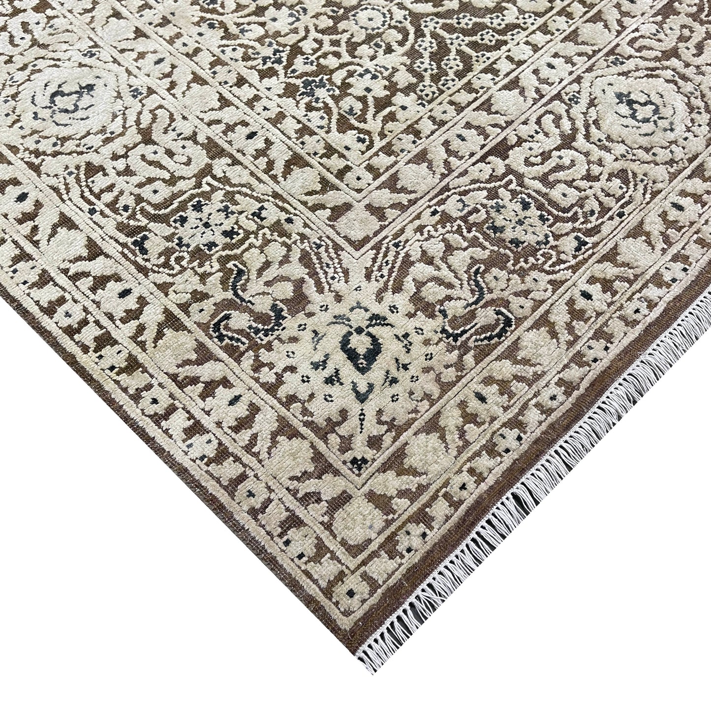 Brown and Beige Silk and Wool Persian Tabriz Traditional Handknotted 8.10x12.0ft 268x366Cms Area Rug