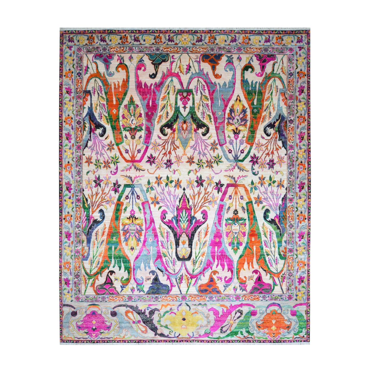 Ivory and Multy, Blended Silk + Sari Silk Transitional Bidzar Handknotted 11.11x14.11ft 362x454Cms Area Rug