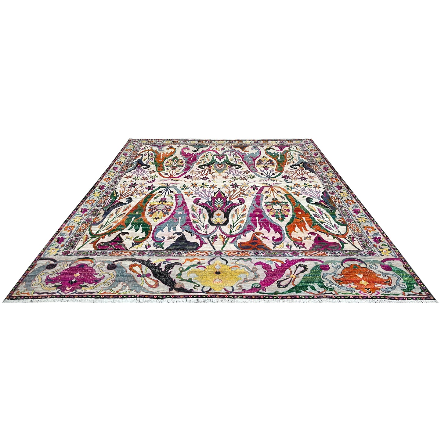 Ivory and Multy, Blended Silk + Sari Silk Transitional Bidzar Handknotted 11.11x14.11ft 362x454Cms Area Rug