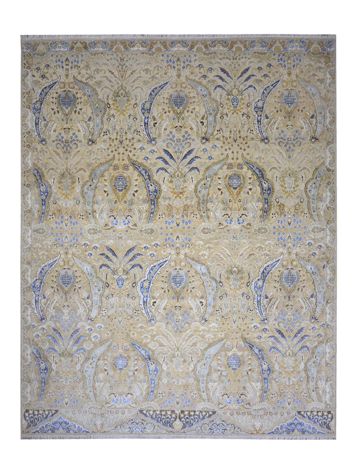 Beige and Blue, Silk Wool Oxidized Transitional Persian Handknotted 11.11x15.1ft 363x459Cms Area Rug