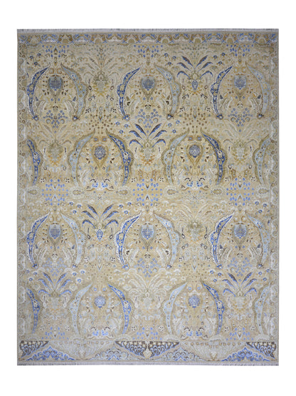 Beige and Blue, Silk Wool Oxidized Transitional Persian Handknotted 11.11x15.1ft 363x459Cms Area Rug