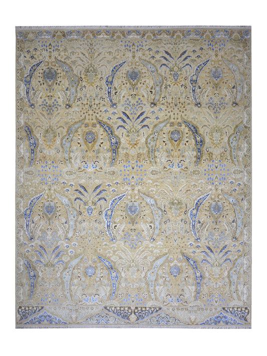 Beige and Blue, Silk Wool Oxidized Transitional Persian Handknotted 11.11x15.1ft 363x459Cms Area Rug