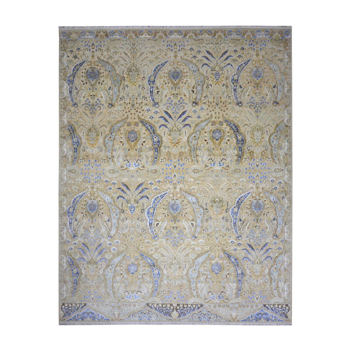 Beige and Blue, Silk Wool Oxidized Transitional Persian Handknotted 11.11x15.1ft 363x459Cms Area Rug