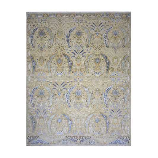 Beige and Blue, Silk Wool Oxidized Transitional Persian Handknotted 11.11x15.1ft 363x459Cms Area Rug