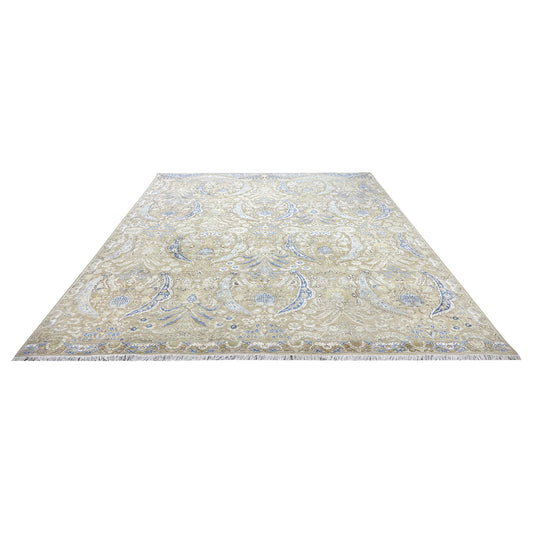 Beige and Blue, Silk Wool Oxidized Transitional Persian Handknotted 11.11x15.1ft 363x459Cms Area Rug