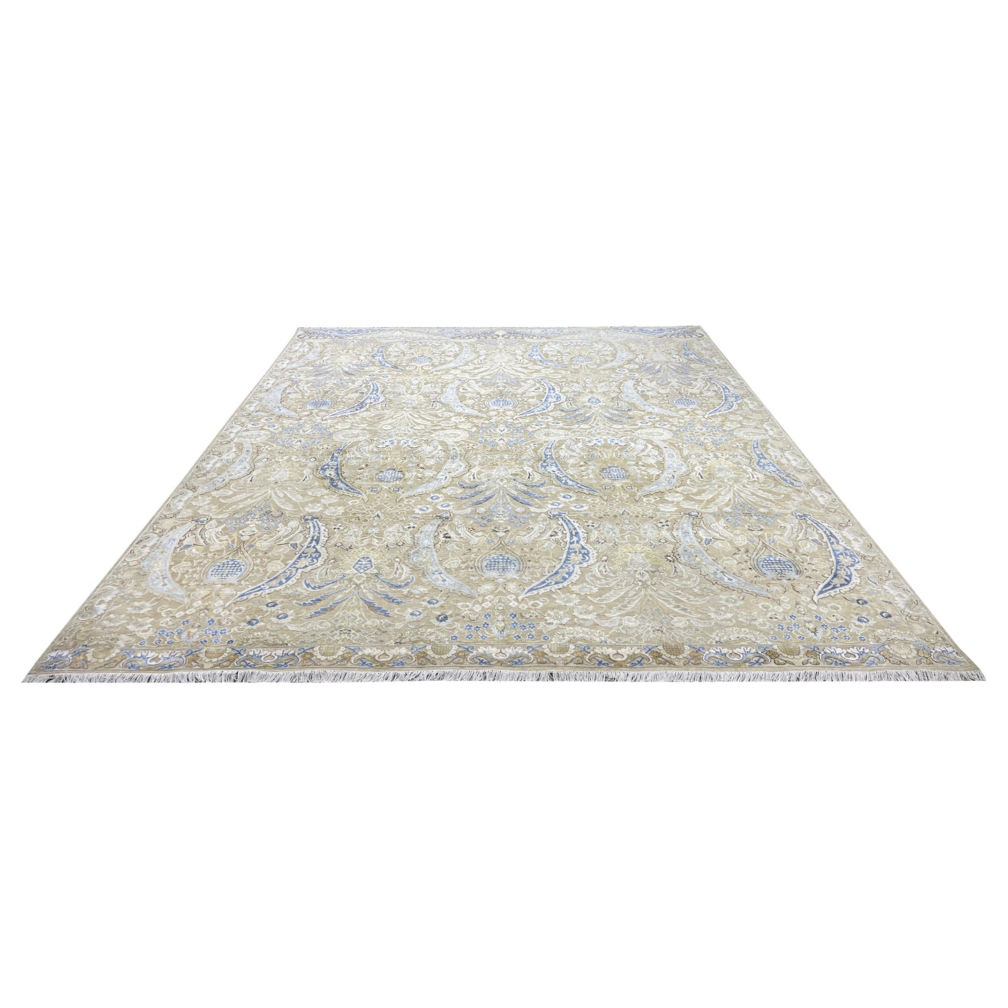 Beige and Blue, Silk Wool Oxidized Transitional Persian Handknotted 11.11x15.1ft 363x459Cms Area Rug