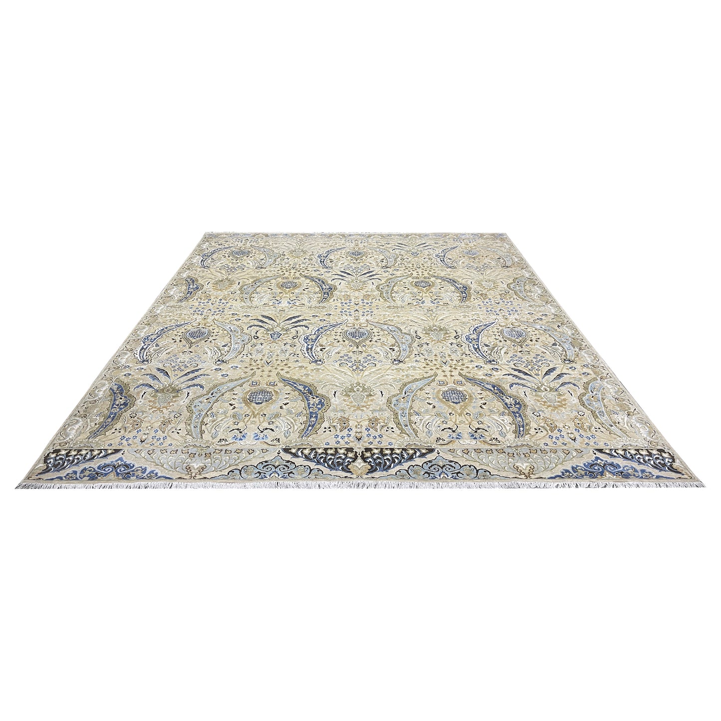 Beige and Blue, Silk Wool Oxidized Transitional Persian Handknotted 11.11x15.1ft 363x459Cms Area Rug