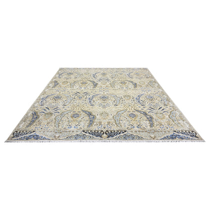 Beige and Blue, Silk Wool Oxidized Transitional Persian Handknotted 11.11x15.1ft 363x459Cms Area Rug