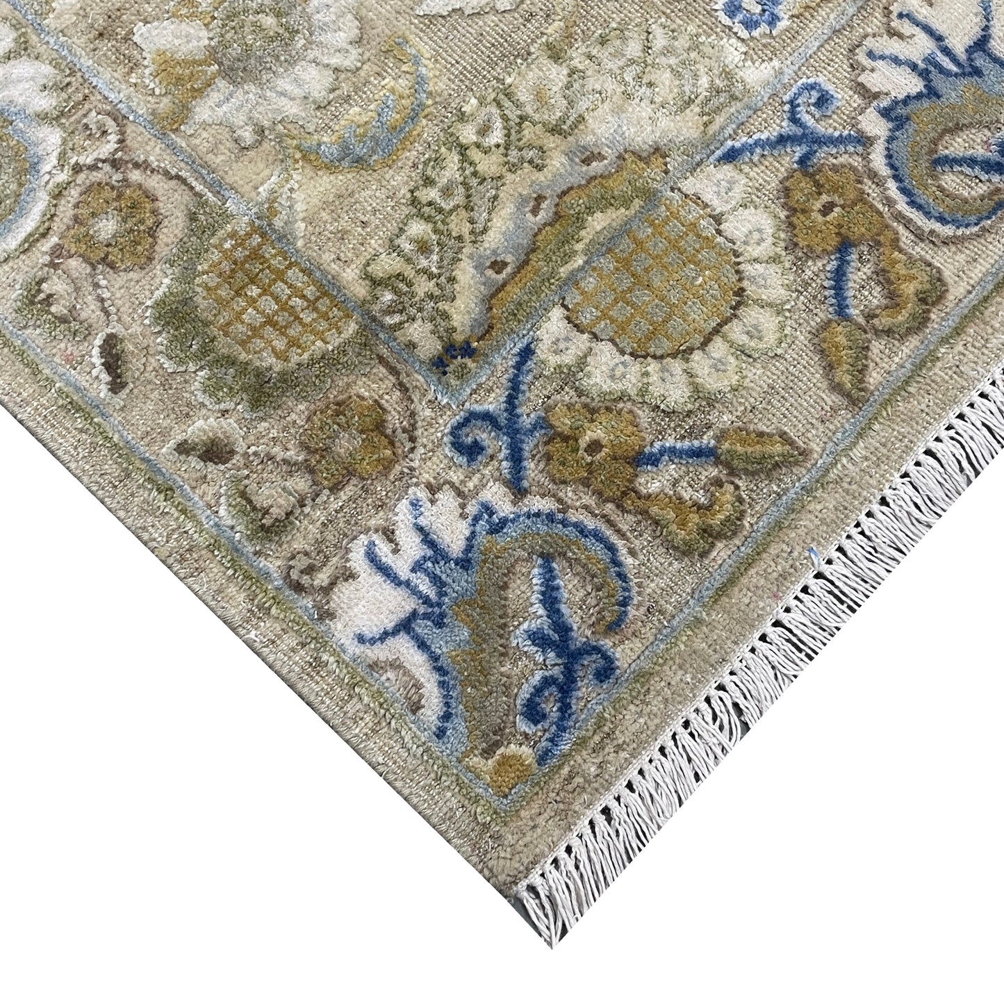 Beige and Blue, Silk Wool Oxidized Transitional Persian Handknotted 11.11x15.1ft 363x459Cms Area Rug