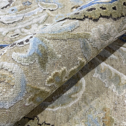 Beige and Blue, Silk Wool Oxidized Transitional Persian Handknotted 11.11x15.1ft 363x459Cms Area Rug