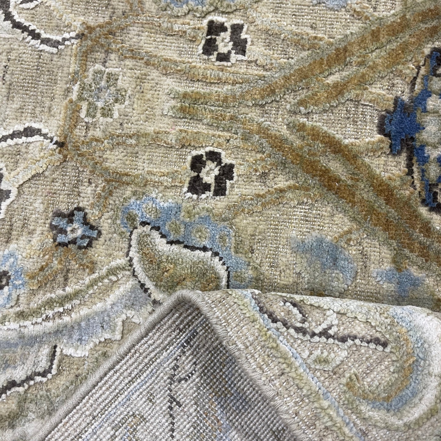 Beige and Blue, Silk Wool Oxidized Transitional Persian Handknotted 11.11x15.1ft 363x459Cms Area Rug