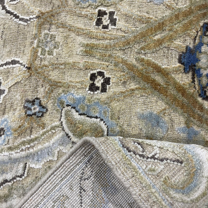 Beige and Blue, Silk Wool Oxidized Transitional Persian Handknotted 11.11x15.1ft 363x459Cms Area Rug