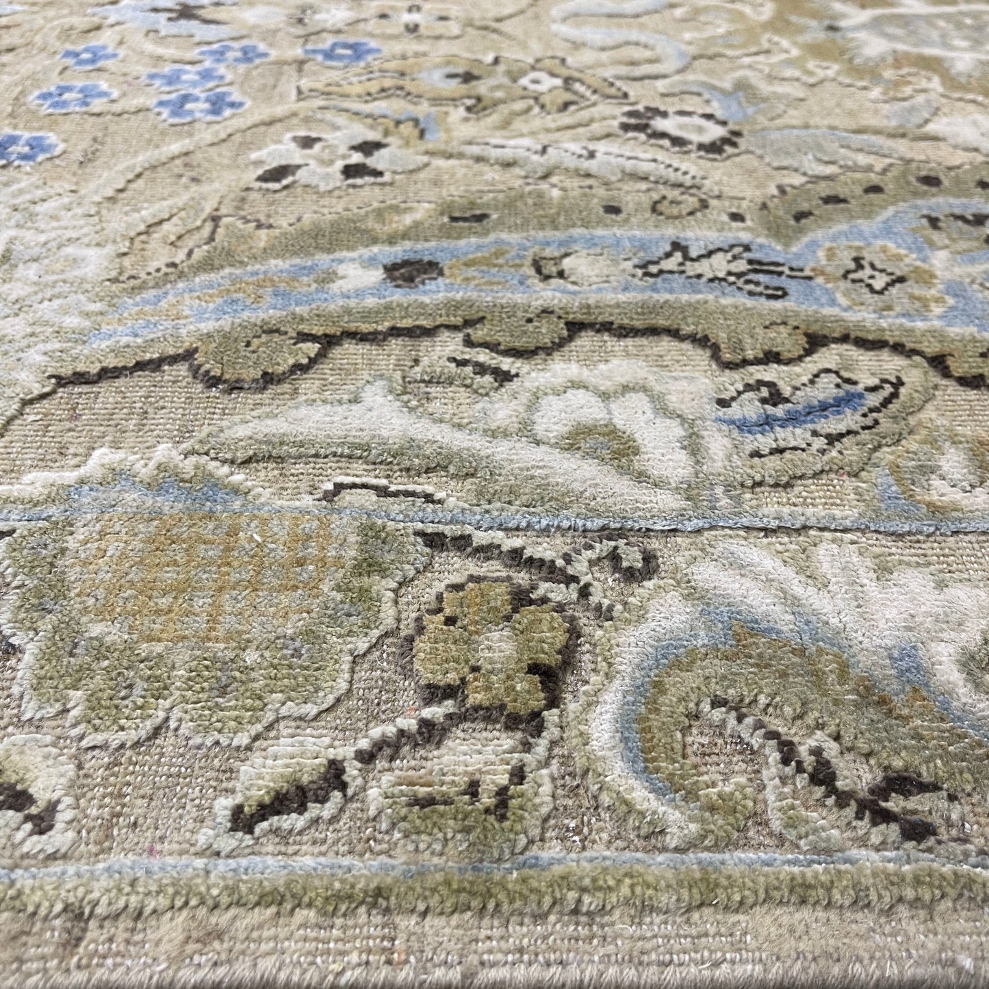 Beige and Blue, Silk Wool Oxidized Transitional Persian Handknotted 11.11x15.1ft 363x459Cms Area Rug