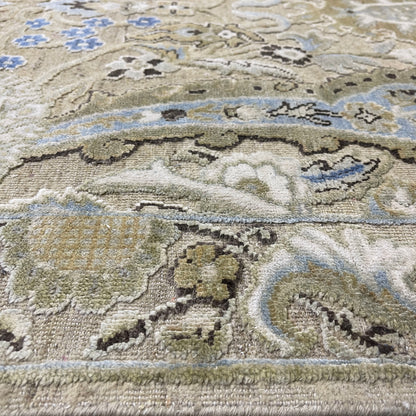 Beige and Blue, Silk Wool Oxidized Transitional Persian Handknotted 11.11x15.1ft 363x459Cms Area Rug