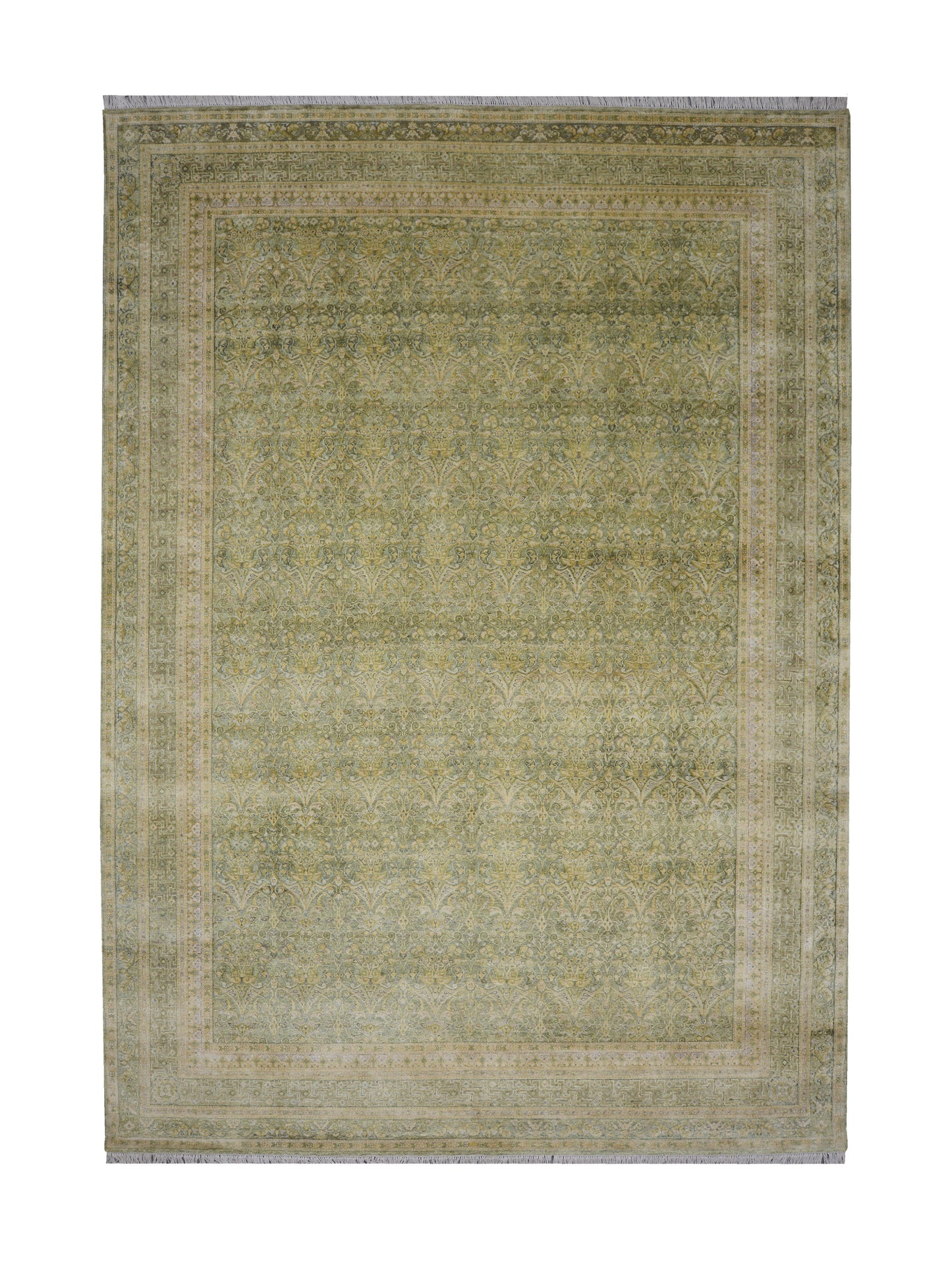 Green and Beige Silk and Wool Oxidized Persian Traditional Handknotted 10.3x14.5ft 311x438Cms Area Rug
