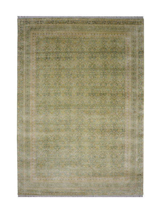 Green and Beige Silk and Wool Oxidized Persian Traditional Handknotted 10.3x14.5ft 311x438Cms Area Rug