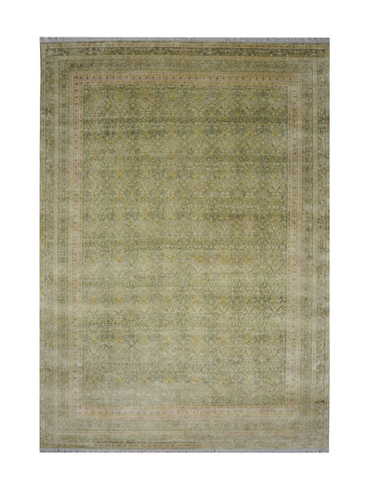 Green and Beige Silk and Wool Oxidized Persian Traditional Handknotted 10.3x14.5ft 311x438Cms Area Rug