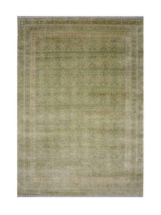Green and Beige Silk and Wool Oxidized Persian Traditional Handknotted 10.3x14.5ft 311x438Cms Area Rug