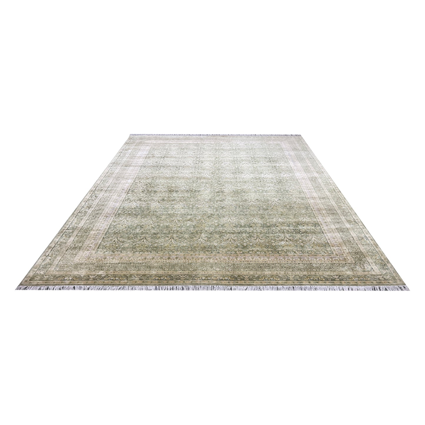 Green and Beige Silk and Wool Oxidized Persian Traditional Handknotted 10.3x14.5ft 311x438Cms Area Rug