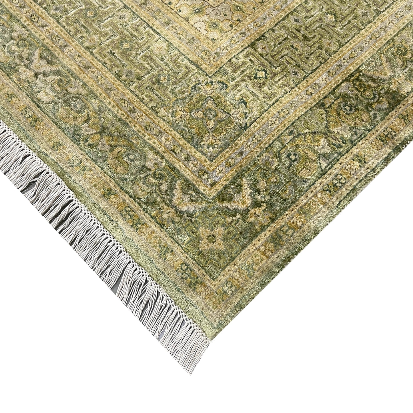 Green and Beige Silk and Wool Oxidized Persian Traditional Handknotted 10.3x14.5ft 311x438Cms Area Rug