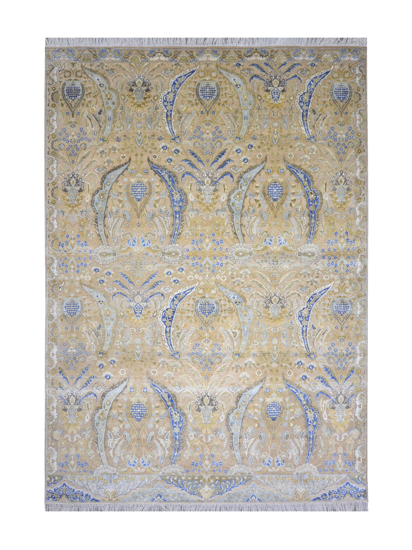 Beige and Blue, Blended Silk Transitional Persian Handknotted 9.10x14.5ft 303x442Cms Area Rug