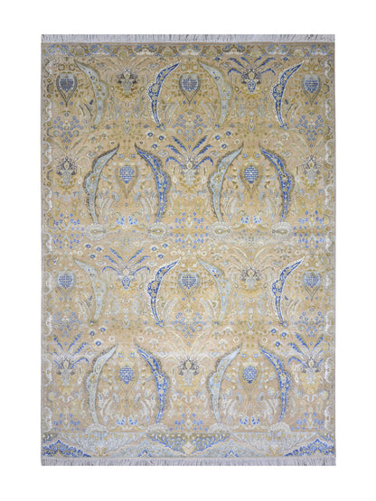 Beige and Blue, Blended Silk Transitional Persian Handknotted 9.10x14.5ft 303x442Cms Area Rug
