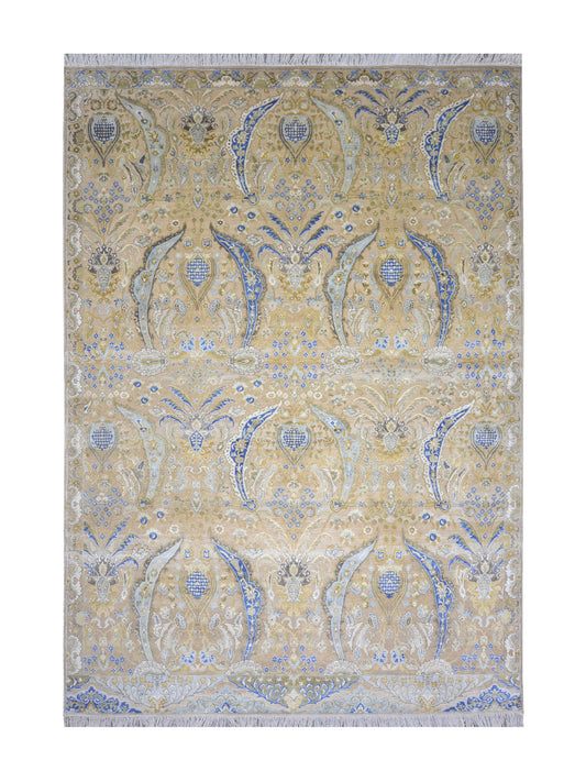 Beige and Blue, Blended Silk Transitional Persian Handknotted 9.10x14.5ft 303x442Cms Area Rug