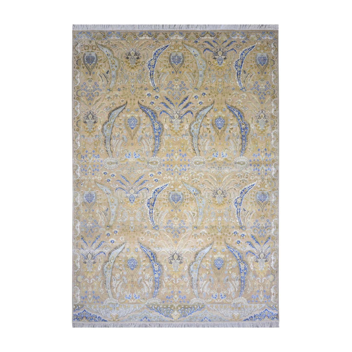 Beige and Blue, Blended Silk Transitional Persian Handknotted 9.10x14.5ft 303x442Cms Area Rug